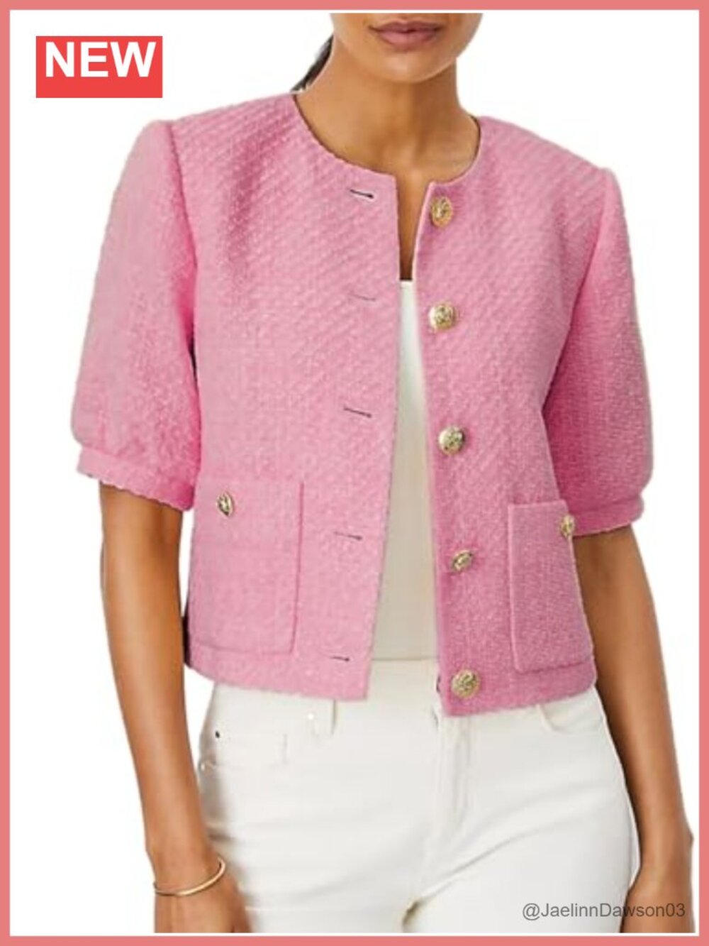 Women's Tweed Cropped Blazer Puff Short Sleeve Open Front Work Office Coat